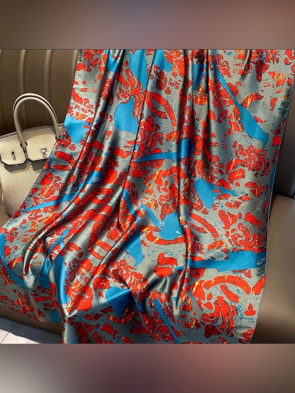 Vibrant Red & Turquoise Abstract Polyester Feel Like Silk Satin Scarf